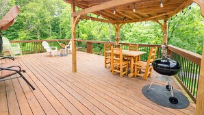 A wooden deck with a pergola, outdoor furniture, and a grill. - Quiet Luxury, Surrounded by Nature • 5-Star Guest Favorite Near Williamsport, PA (Linden)