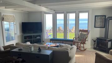 Smart TV, chimenea y libros
