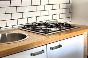 Fridge, stovetop, cookware/dishes/utensils