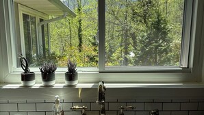 A kitchen with a large window overlooking a forested area.