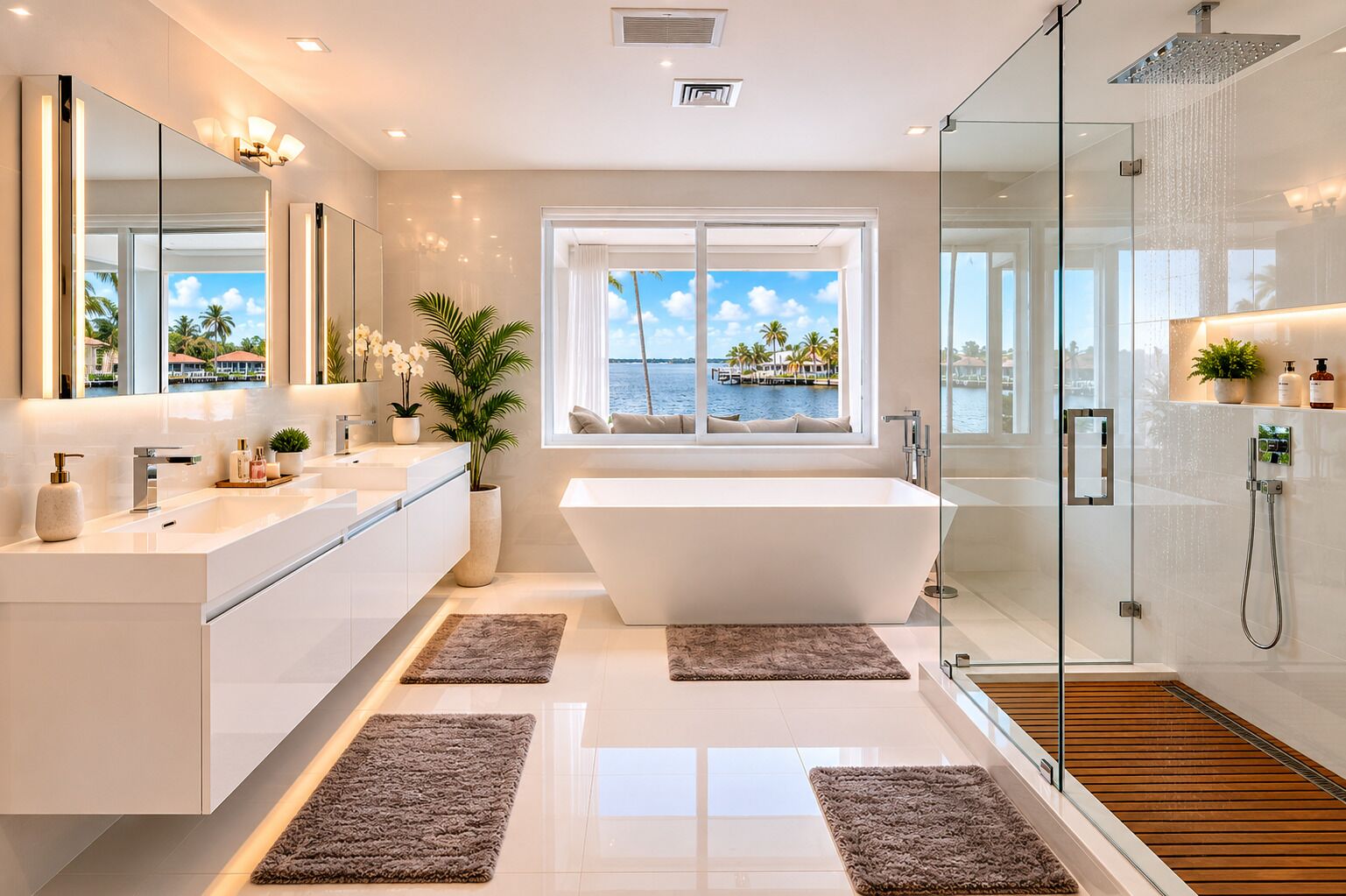 Une salle de bain moderne dotée d’une grande baignoire, d’une douche à parois de verre et offrant une vue sur l’océan grâce à une grande fenêtre.