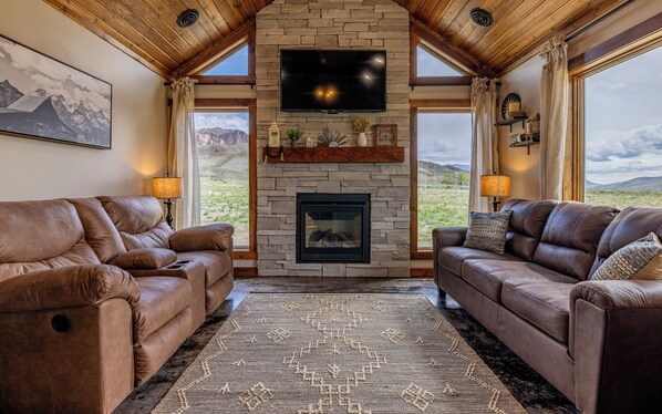 Smart TV, chimenea, libros