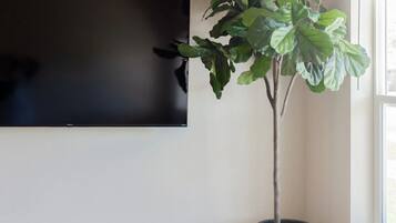 Ett vardagsrum med en platt-TV som är monterad på väggen, en stor krukväxt, en vävd pall och ett fönster med persienner.
