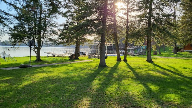 Un parc avec une pelouse, des arbres et une vue sur un lac.