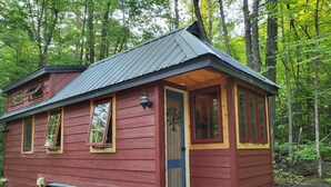Une petite cabane en bois rouge, avec un toit en métal, une porte bleue et une terrasse en bois.