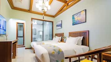 Desk, laptop workspace, free WiFi, bed sheets