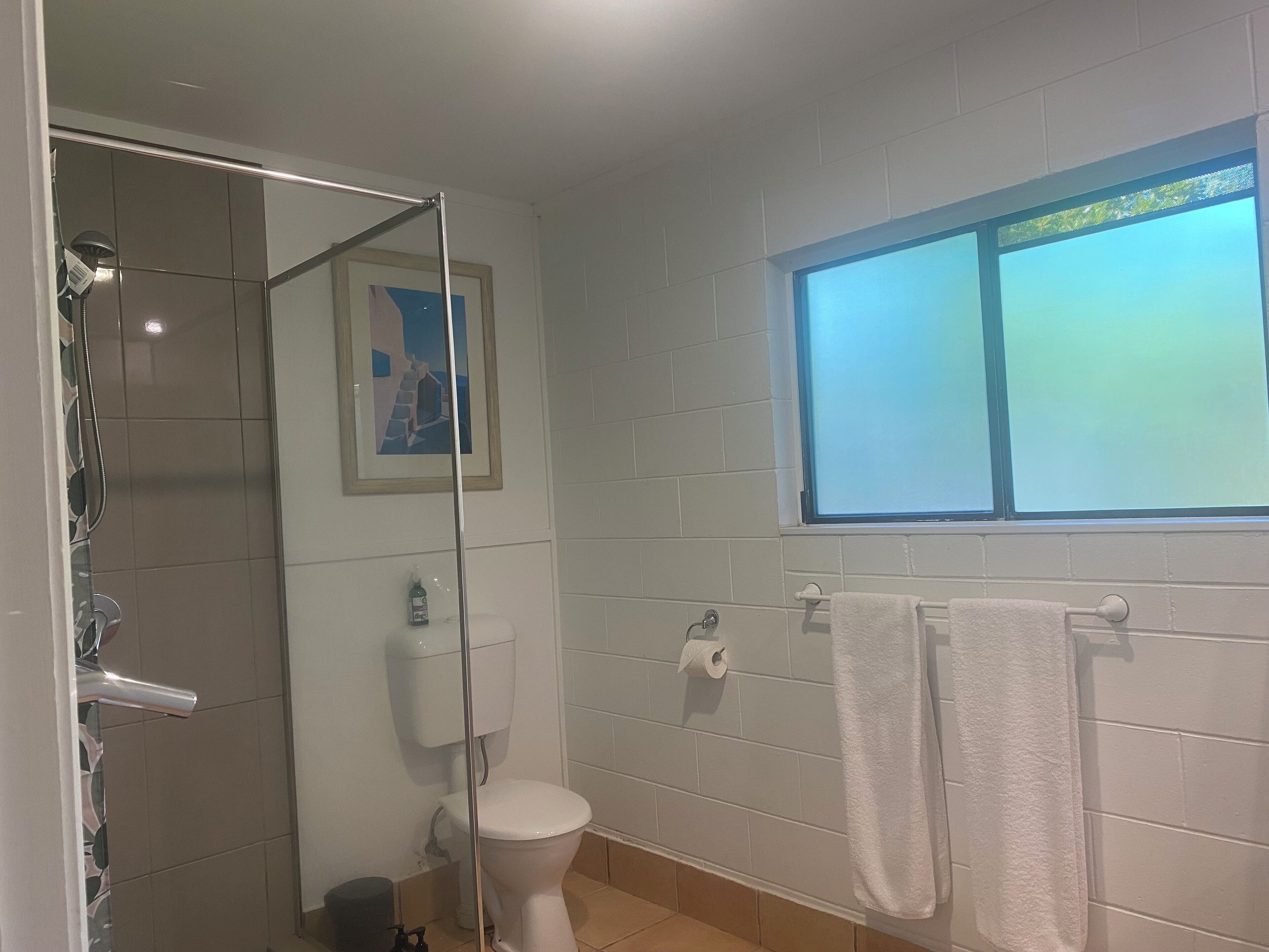 Shower, hair dryer, towels, soap