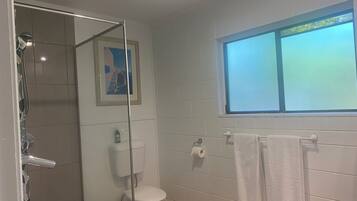 Shower, hair dryer, towels, soap