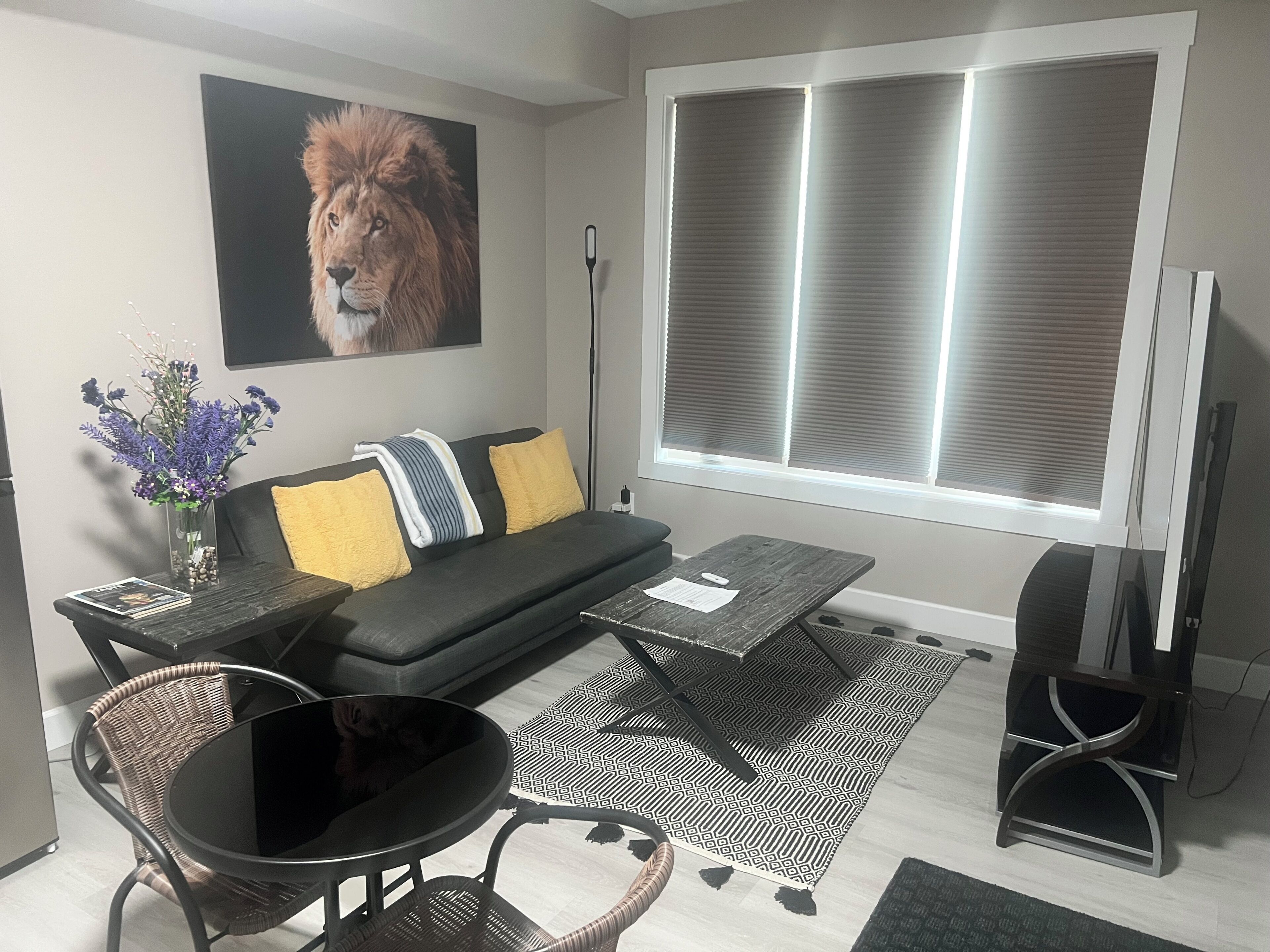 Un salon comprenant un canapé, une table basse, un fauteuil, un téléviseur et une fenêtre avec des stores.