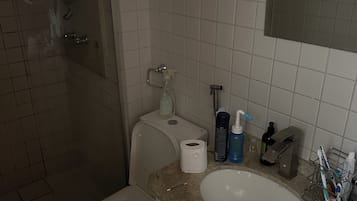 Secador de cabelo, toalhas de banho, sabonete, shampoo