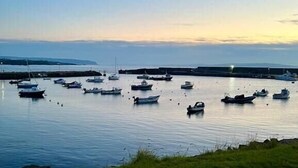 Un puerto con varias embarcaciones amarradas en un muelle.