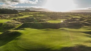 Camp de golf amb un terreny ondulat i una banderola que marca el forat.