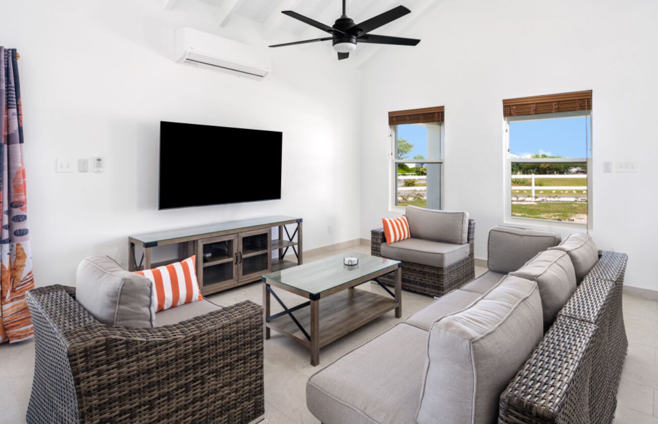 A modern living room with a flat-screen TV, wicker furniture, and large windows offering a view of the outdoors.