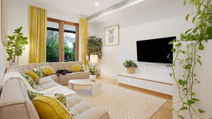 Smart TV, fireplace, books