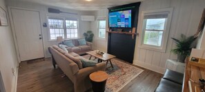Smart TV, chimenea, libros y estéreo 