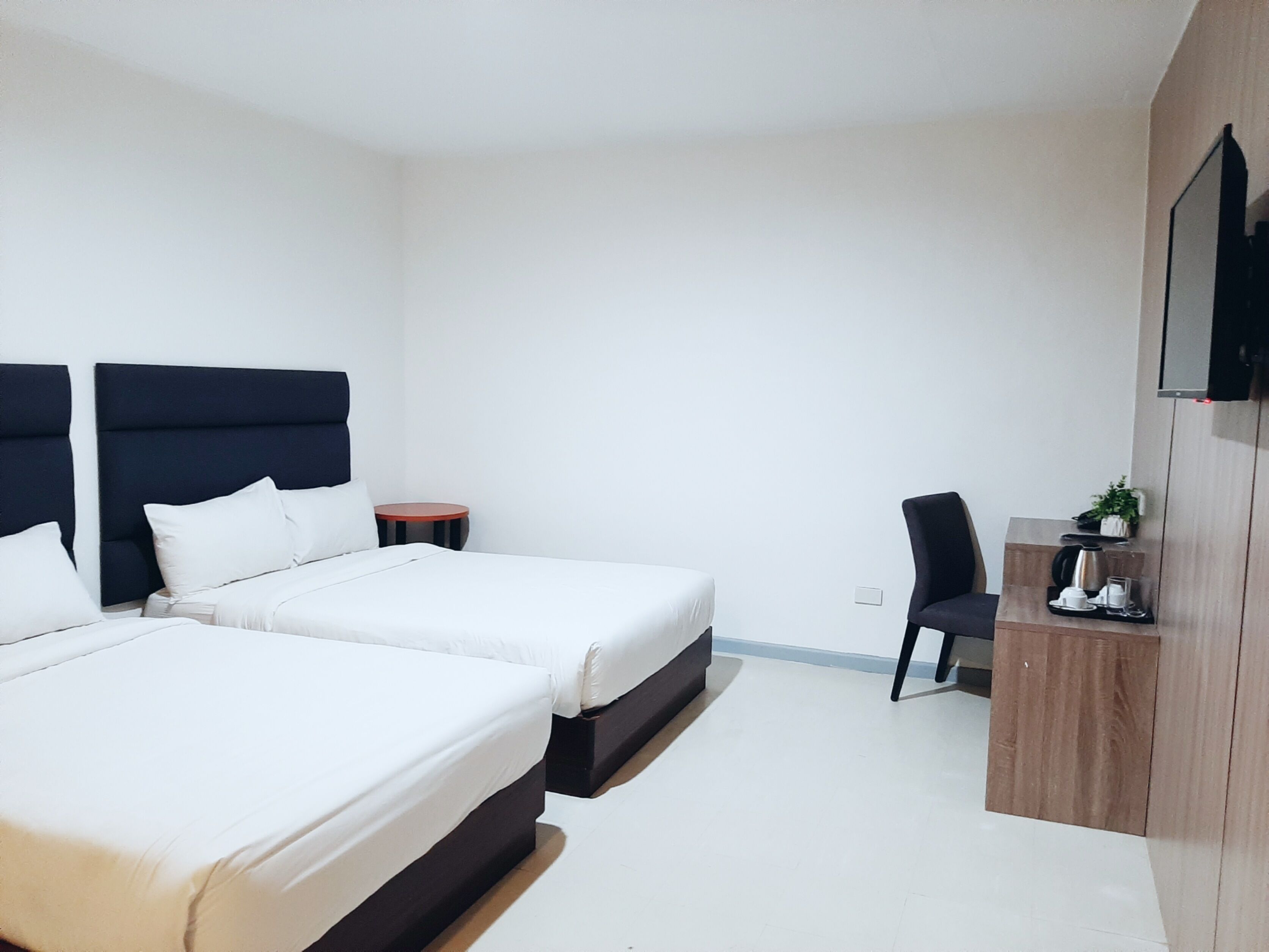 A hotel room with two beds, a small round table, a chair, a TV mounted on the wall, and a wooden side table with a plant and a kettle.