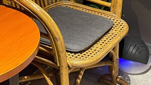 A wicker chair with a grey cushion, a round wooden table, and a potted plant in the background. - Anex Hotel-Manila (Manila)