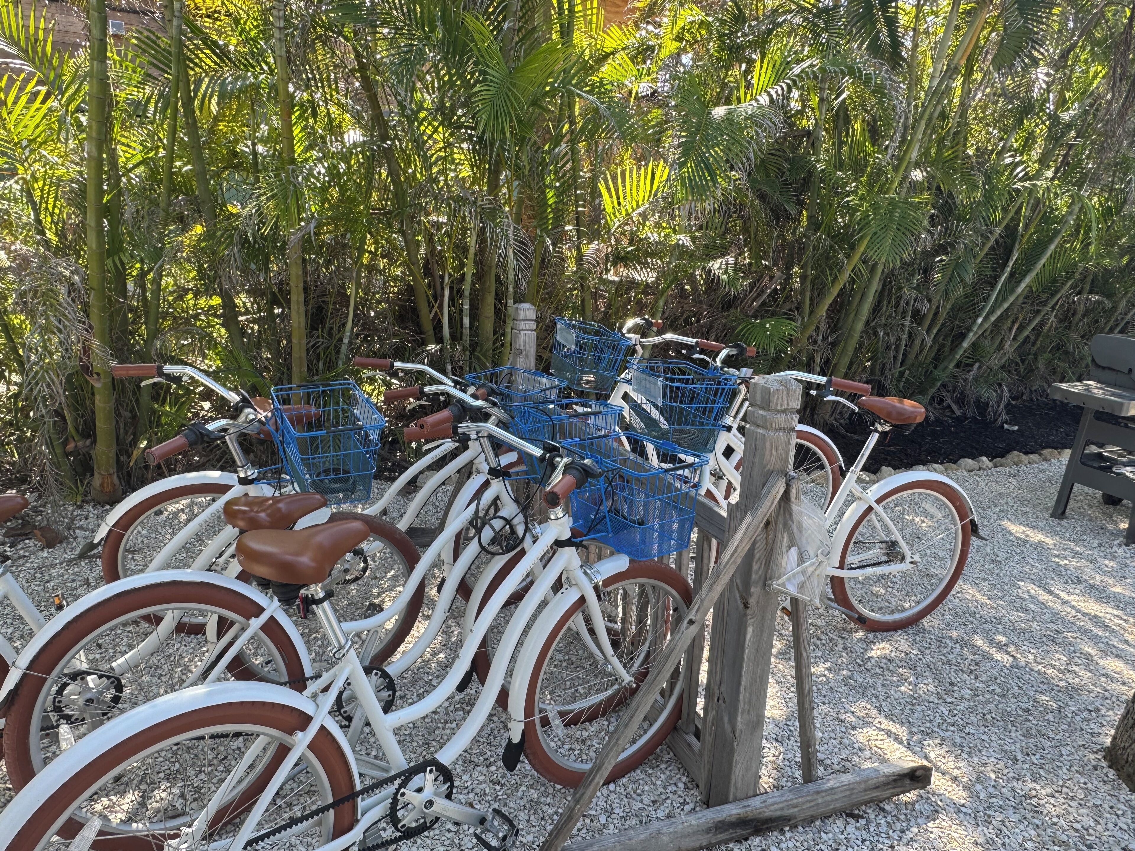 A row of bicycles with attached blue baskets, parked on a gravel surface.