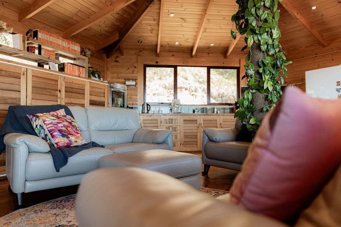 A cozy cabin interior with a sofa, a coffee table, a hanging plant, and a kitchen area with wooden cabinets.