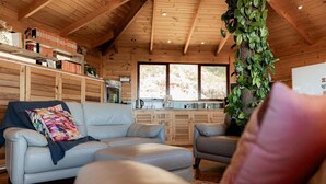 A cozy cabin interior with a sofa, a coffee table, a hanging plant, and a kitchen area with wooden cabinets.