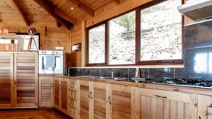 A wooden cabin kitchen with large windows, a stove, and wooden cabinets.