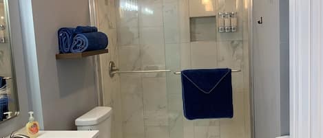 Shower, hair dryer, towels, soap