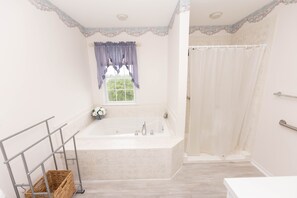 Shower, jetted bath, hair dryer, soap