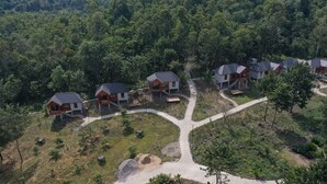 Un quartier résidentiel composé de plusieurs maisons reliées par une rue principale.