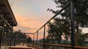 Un espace de restauration en plein air, avec des tables et des bancs en bois, entouré de rampes de verre et d’arbres.