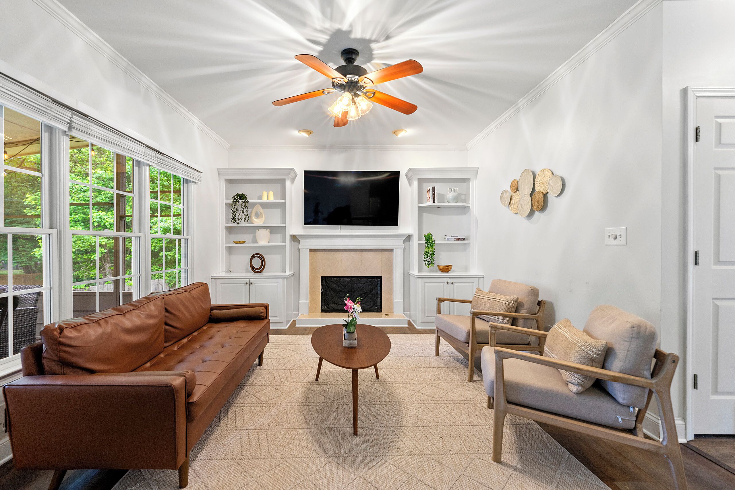 Smart TV, fireplace, books