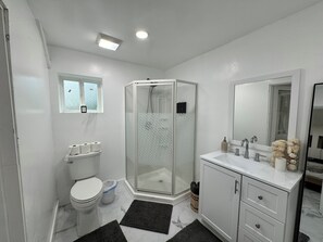Hair dryer, towels, soap, toilet paper - Modern Minimalist Home (San Jose)