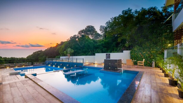 Una piscina con varias pistas, rodeada de madera y plantas en macetas.