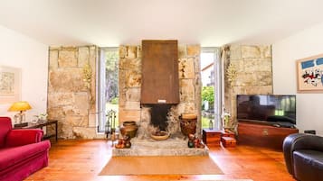 TV, fireplace, foosball