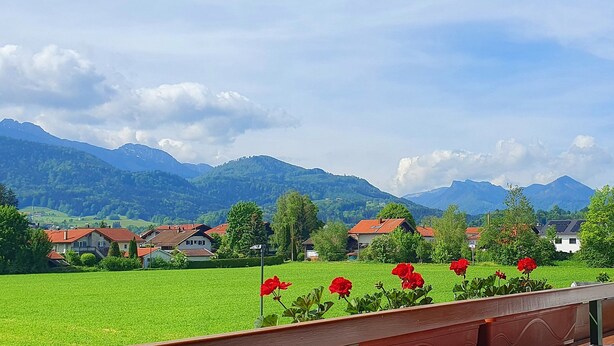 A rural landscape with houses, green fields, and mountains in the background.