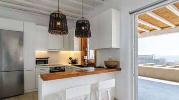 Full-size fridge, microwave, oven, dishwasher