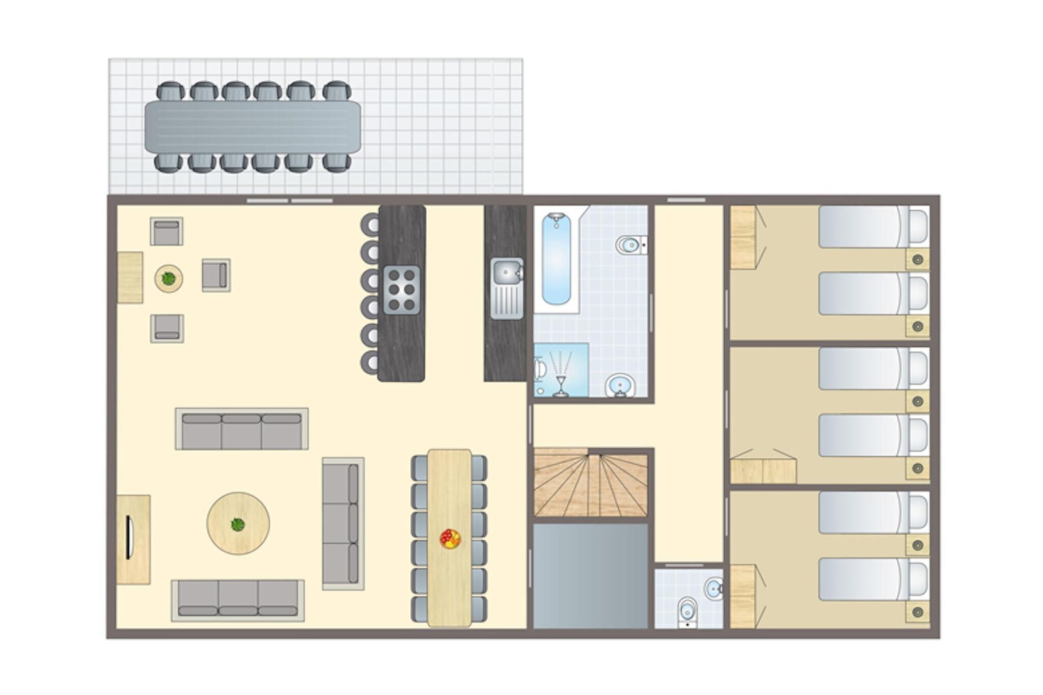 Un plan d’aménagement de chambre d’hôtel comprenant un coin repas, une cuisine, une salle de bain et plusieurs chambres.