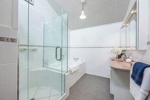 Shower, eco-friendly toiletries, hair dryer, towels