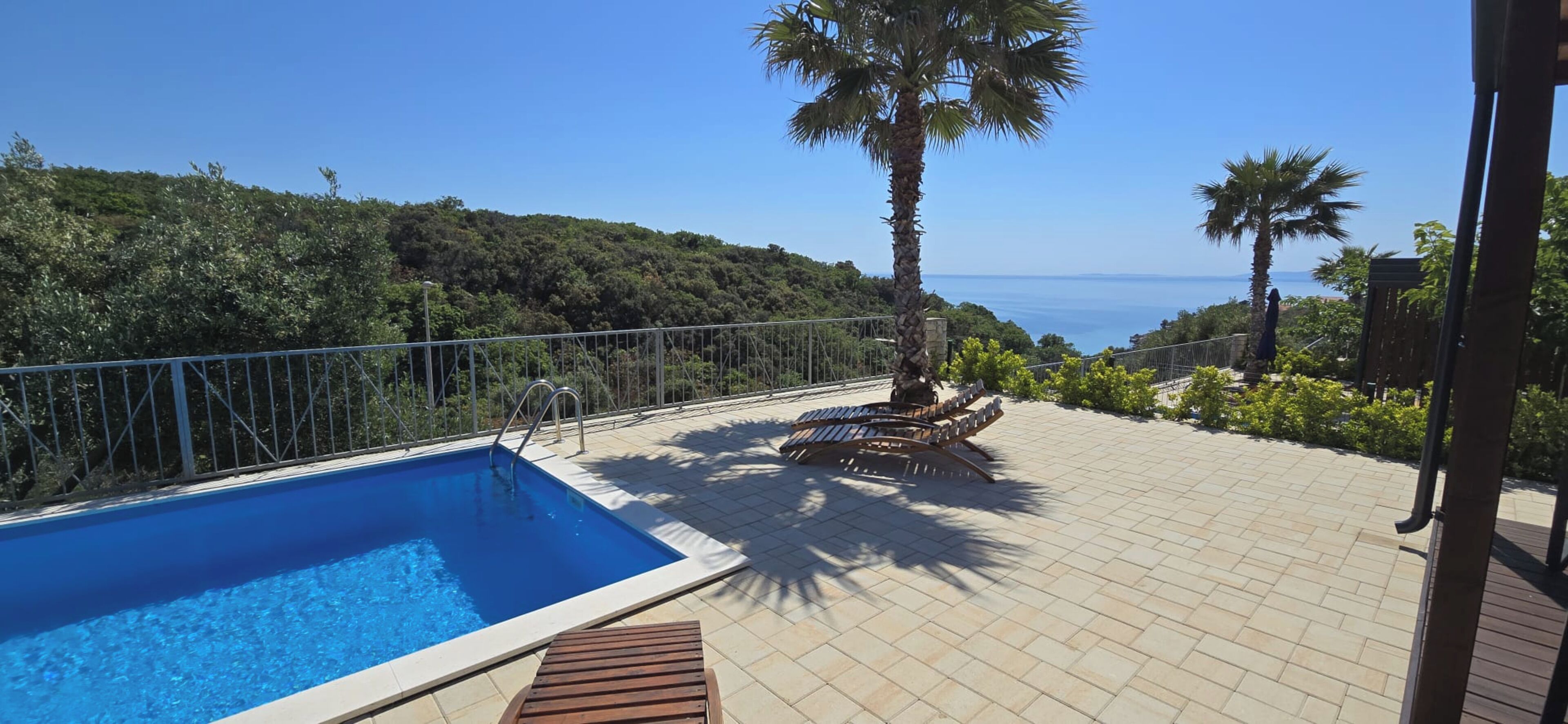 A swimming pool with a view of the sea, surrounded by palm trees and a tiled deck.