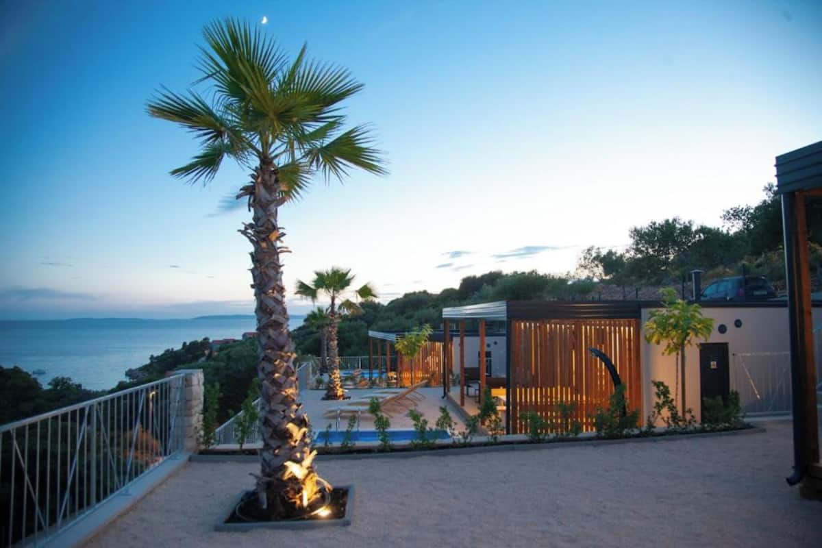 Eine moderne Villa mit Pool, einer Palme und Meerblick.