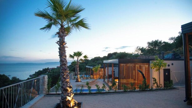A modern villa with a pool, a palm tree, and a view of the sea. - Lastura Mobile Homes (Novalja)