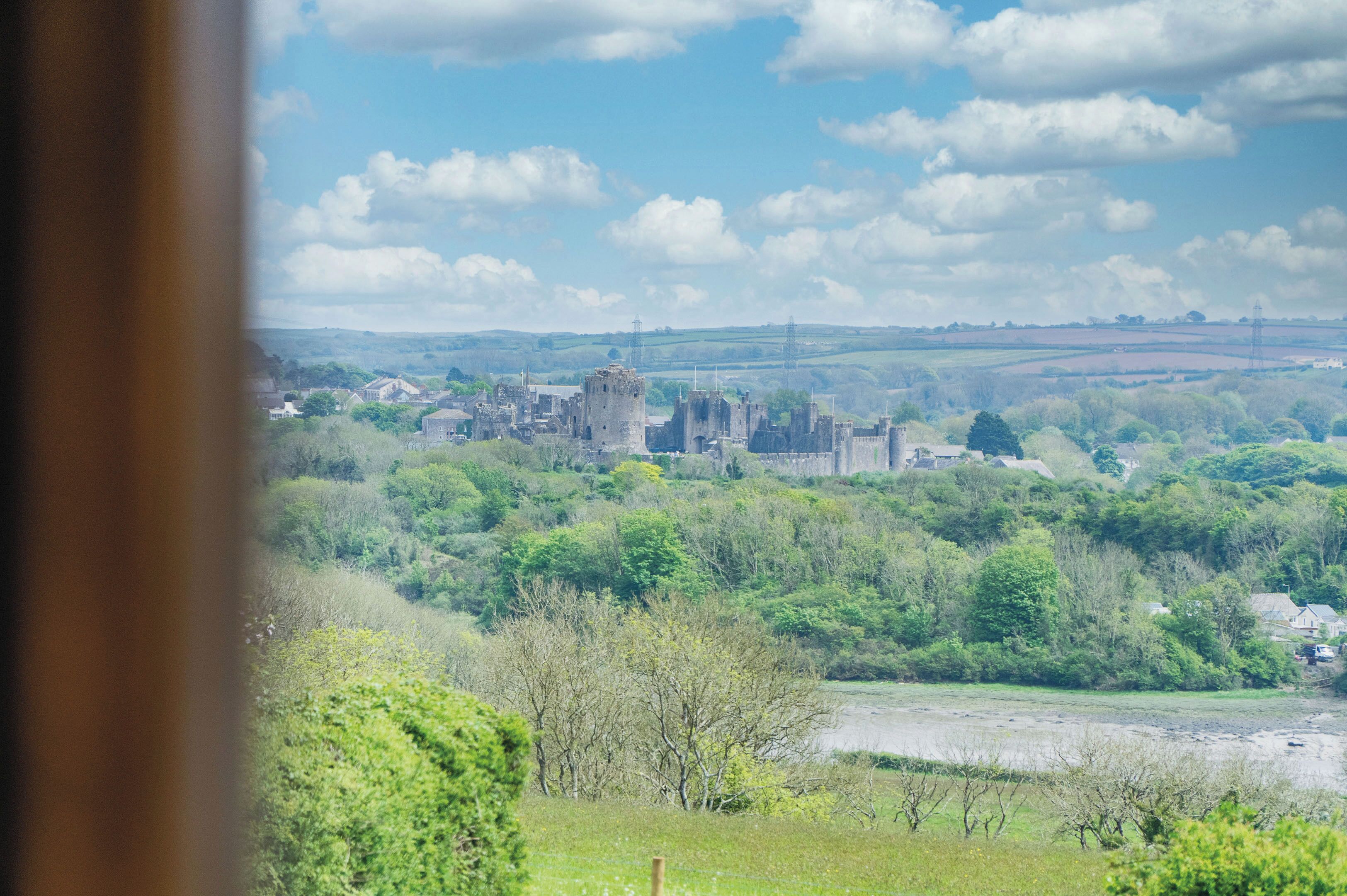 A castle surrounded by lush greenery and a river.