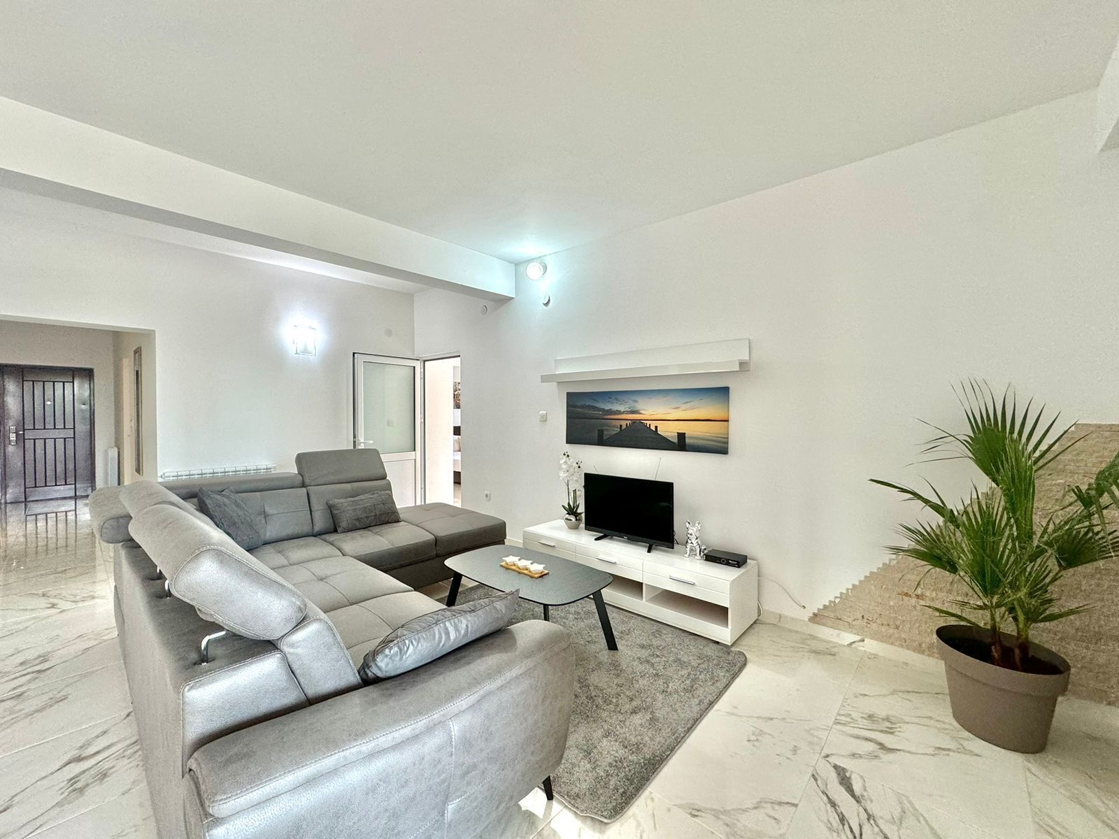 A modern living room with a grey sectional sofa, a flat-screen TV, and a potted plant.