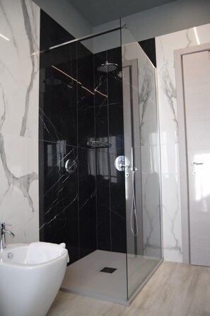 Hair dryer, bidet, towels, soap