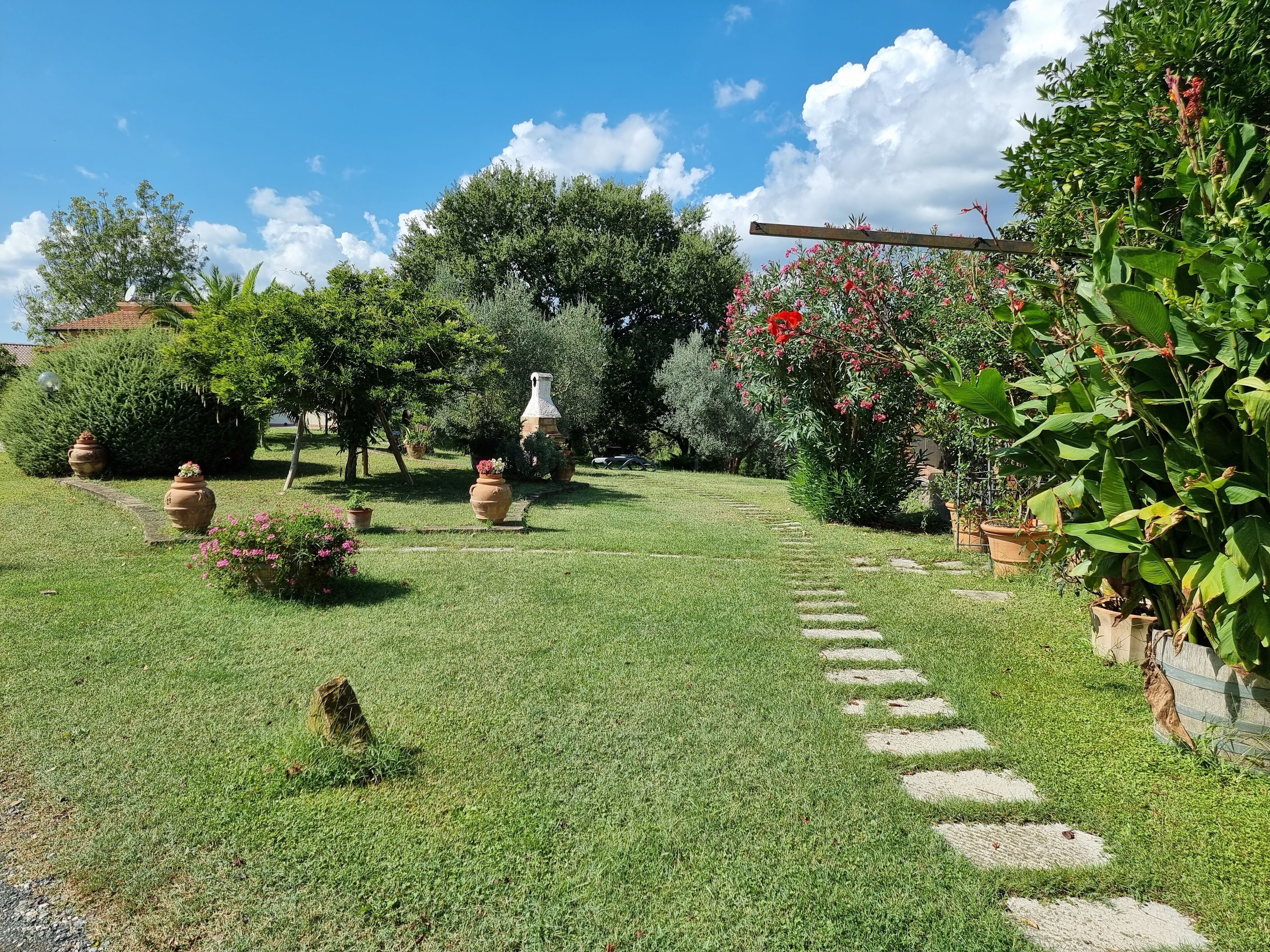 Un jardin bien entretenu, agrémenté de diverses plantes en pot et d’un chemin pavé de pierres.