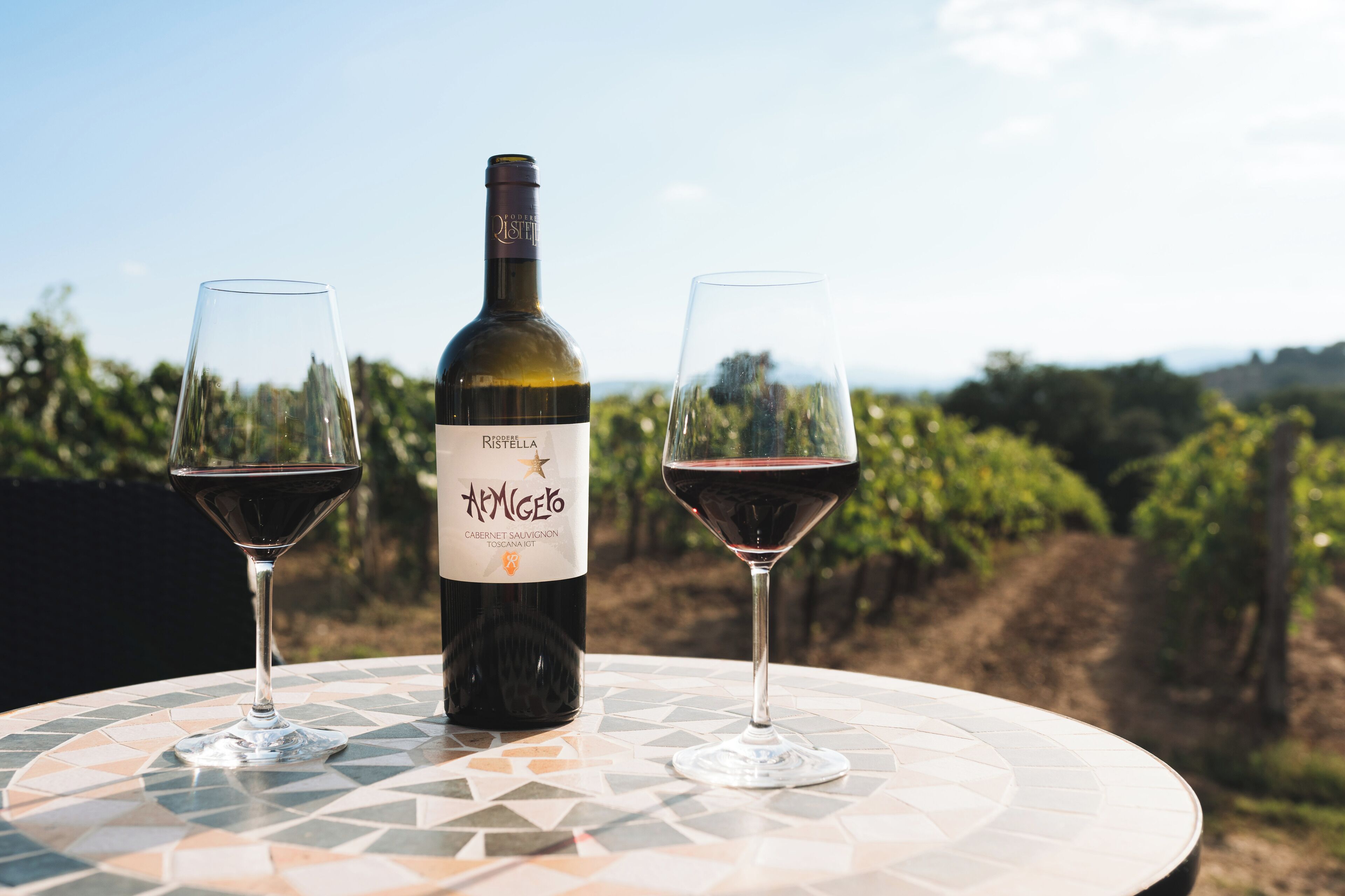 Une bouteille de vin et deux verres sur une table, avec un vignoble en arrière-plan.