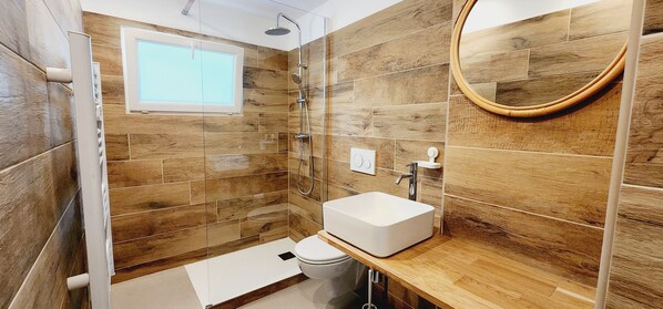 Shower, towels, soap, toilet paper