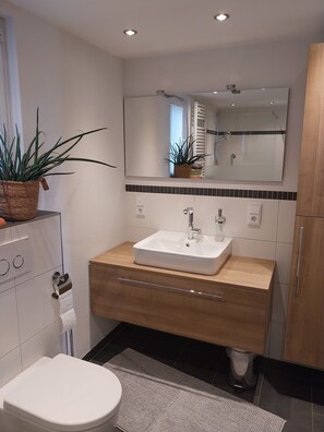 Shower, hair dryer, towels, toilet paper - Gemütliche Ferienwohnung mit Terrasse und Wunderschönem Garten (Mastershausen)