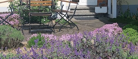 Un patio con banca y sillas de madera, rodeado de un jardín con flores moradas.