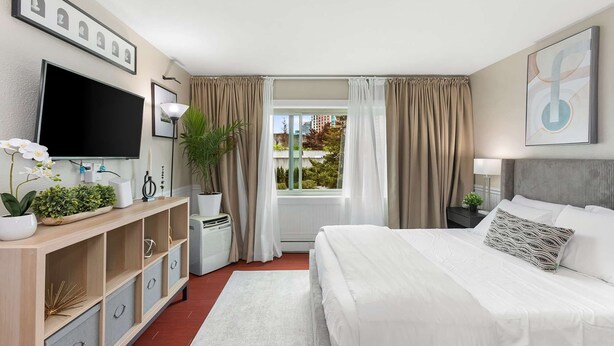 A modern hotel room with a bed, a TV, a desk with a plant, a window with curtains, and artwork on the walls. - Elektra Muse Studio w/ Views - Walker’s Paradise (Seattle)