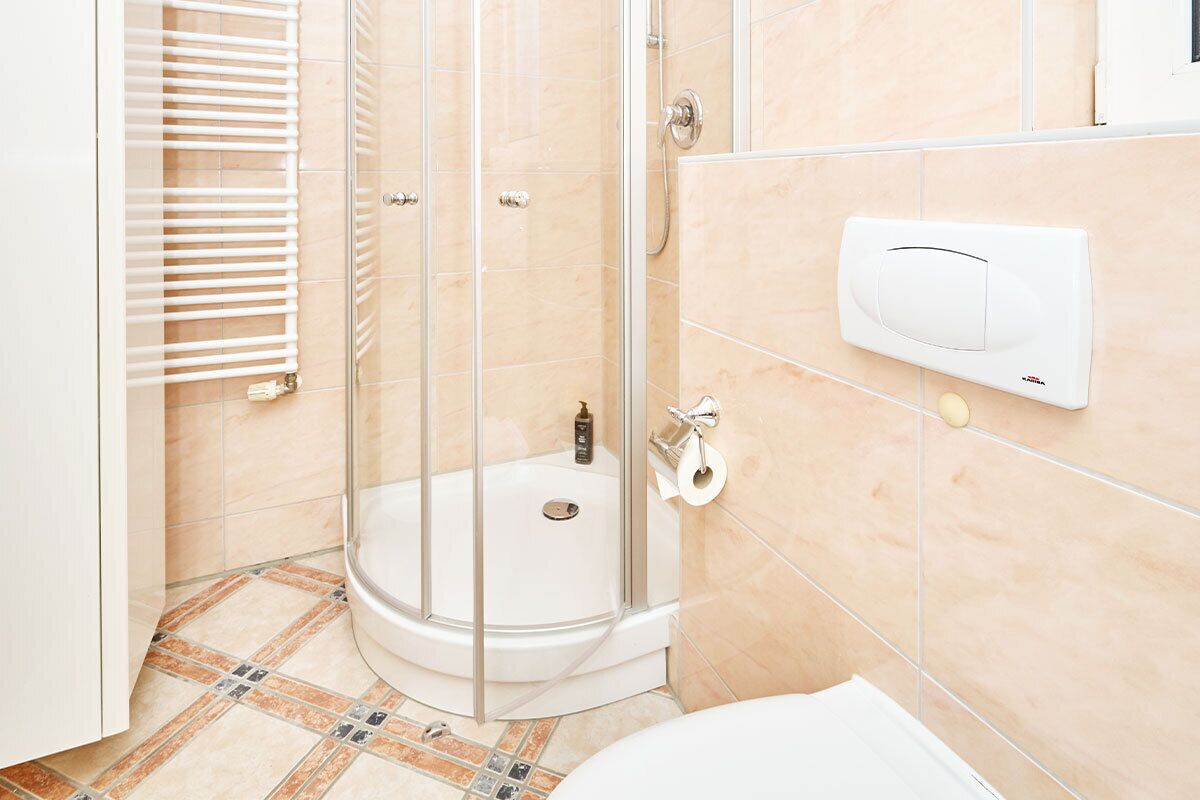A bathroom with a glass-enclosed shower, a toilet, and a sink.